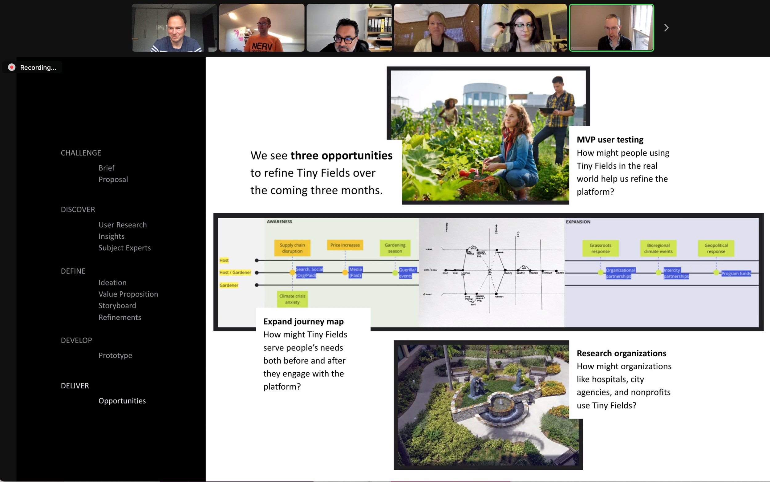 Remote video-call critique with student thumbnails along the top and a shared MVP presentation covering user testing, journey maps, and research organisations.