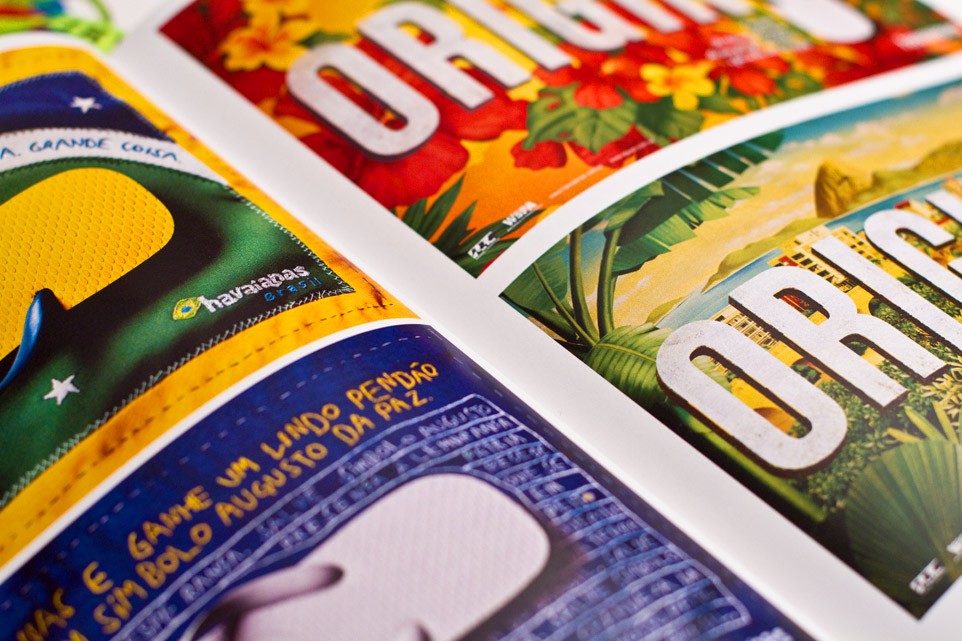 Close-up of colourful printed spreads from the graduation book, including Havaianas branding and hand-lettered pages.