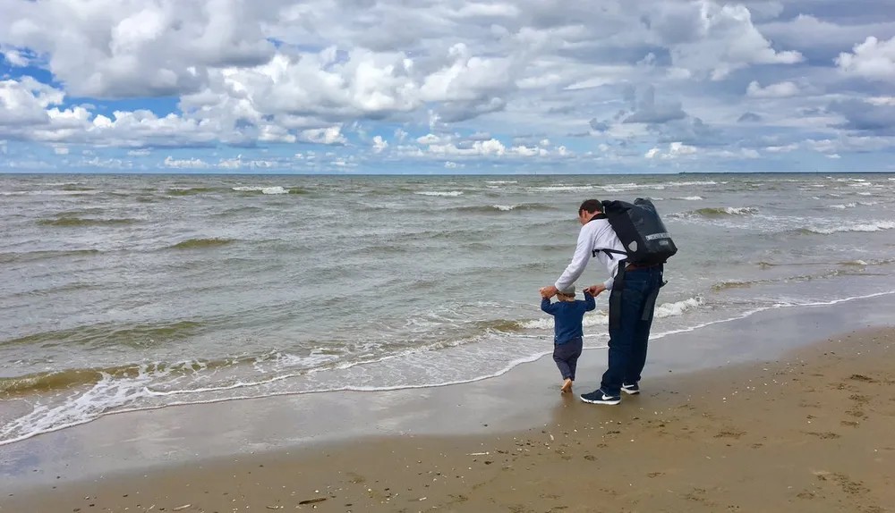 A father and toddler holding hands, walking into the waves on a windy beach.