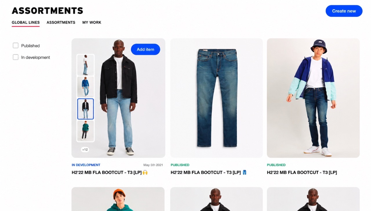 The Assortments tool interface showing product cards with publish and in-development states