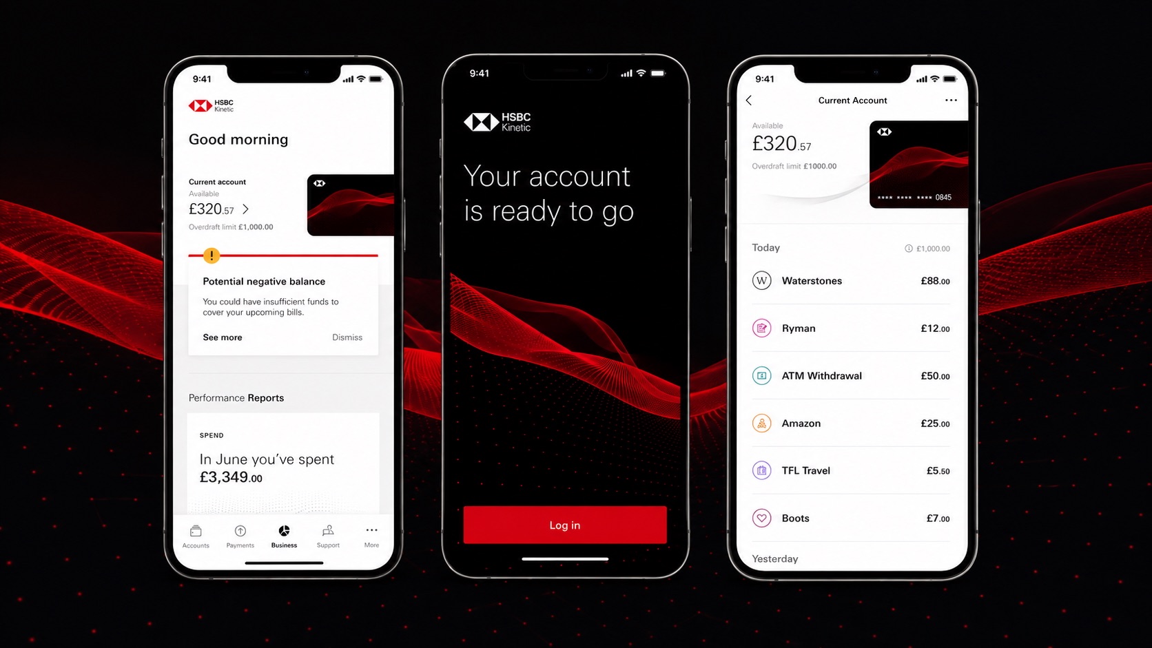 HSBC Kinetic digital onboarding — three iPhone screens showing the account home, a “Your account is ready to go” welcome, and a current-account transaction list
