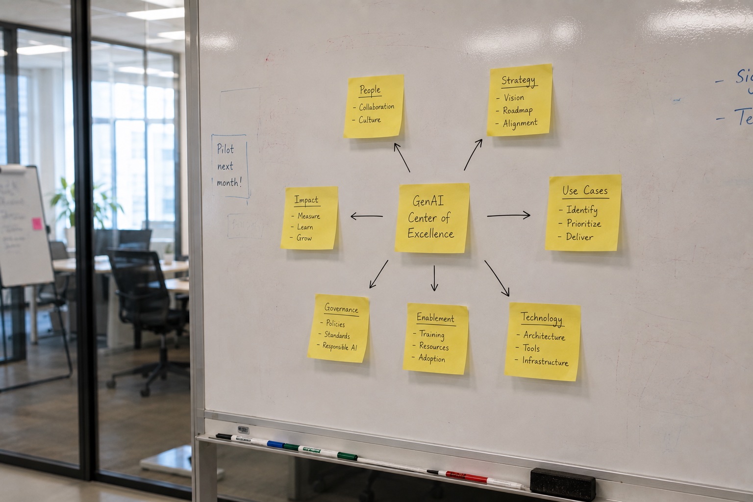 A whiteboard mapping a GenAI Center of Excellence — sticky notes for Strategy, People, Use Cases, Governance, Enablement, Technology and Impact radiating from a central GenAI Center of Excellence note.