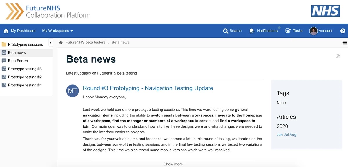 The FutureNHS Collaboration Platform beta-testers workspace, showing a Beta news update headed “Round #3 Prototyping — Navigation Testing Update” that thanks testers and summarises what the latest round of navigation prototype testing covered.