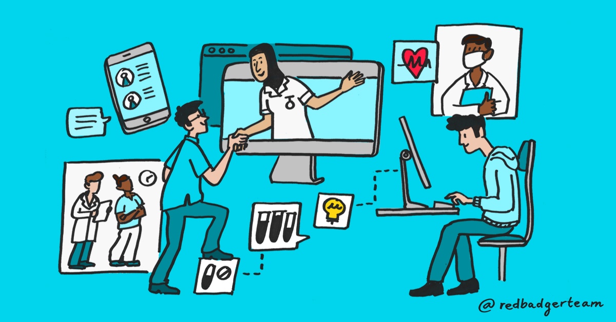 Hand-drawn illustration of a national health and care collaboration platform — a clinician on a video call reaching out to a patient, alongside a mobile app, lab results, clinical notes and a person working at a laptop, all connected across devices.