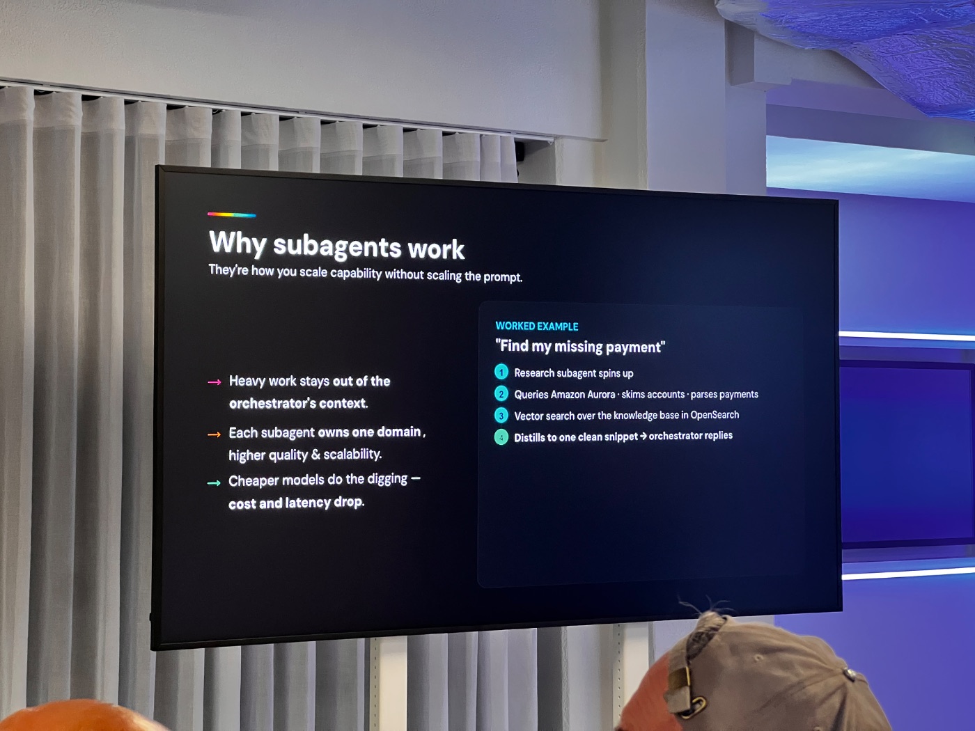 Slide titled &lsquo;Why subagents work&rsquo; with a worked example of a research subagent resolving a missing-payment query.