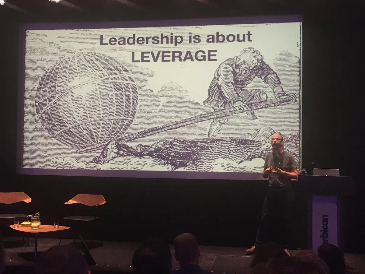 Slide reading &lsquo;Leadership is about LEVERAGE&rsquo; with a woodcut of a figure using a lever to move a globe.