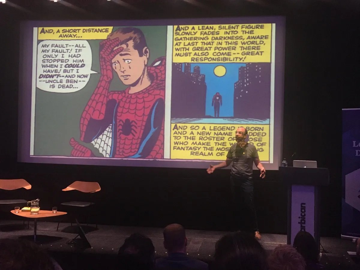 Spider-Man comic panels on &lsquo;with great power must also come great responsibility&rsquo;, used as an analogy for design leadership.