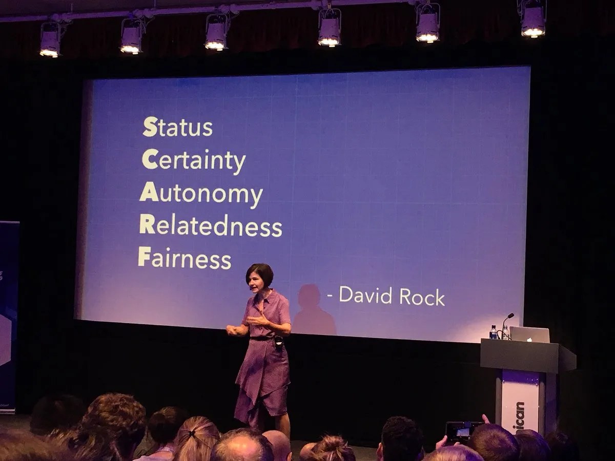 Slide spelling out David Rock&rsquo;s SCARF model: Status, Certainty, Autonomy, Relatedness, Fairness.
