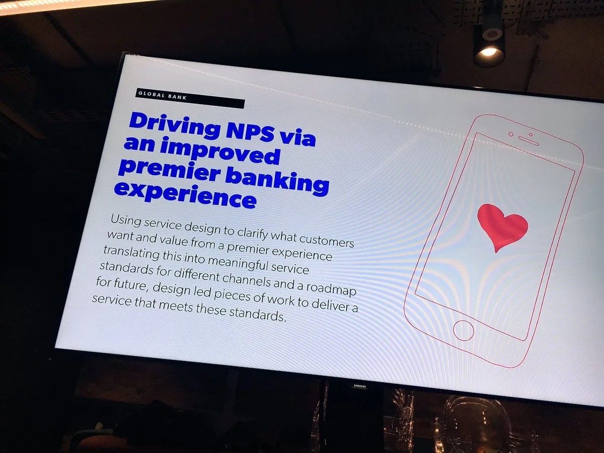Case study slide: &lsquo;Driving NPS via an improved premier banking experience&rsquo; for a global bank.