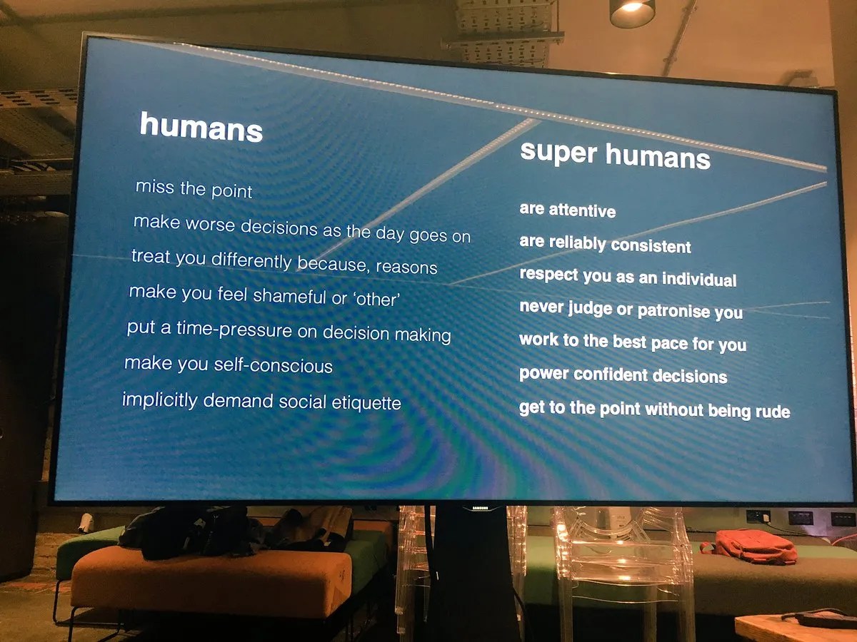 Slide contrasting &lsquo;humans&rsquo; and &lsquo;super humans&rsquo; in how services should treat people.
