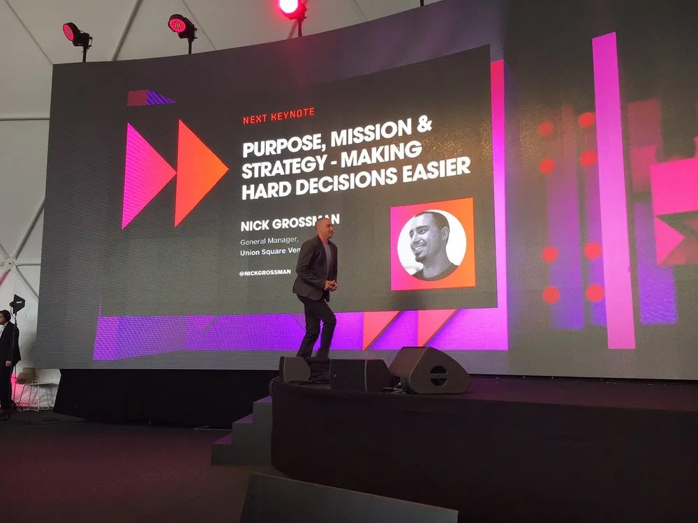 Keynote title slide: &lsquo;Purpose, Mission & Strategy - Making Hard Decisions Easier&rsquo; by Nick Grossman, Union Square Ventures.