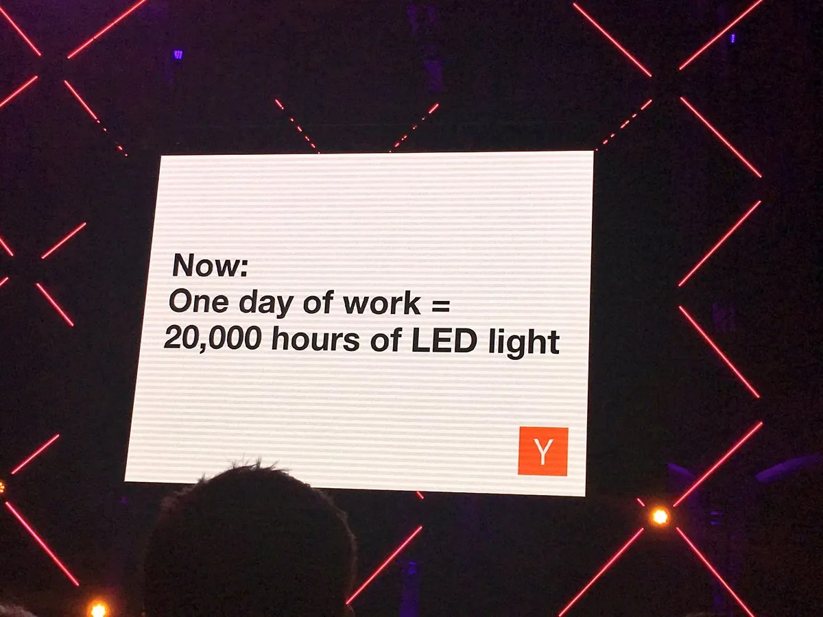 Slide reading &lsquo;Now: One day of work = 20,000 hours of LED light.&rsquo;
